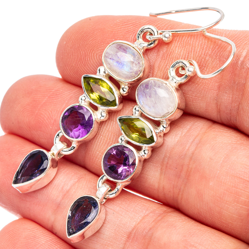 Rainbow Moonstone, Peridot, Amethyst, Tanzanite 925 Sterling Silver Earrings 2" (925 Sterling Silver) E2198