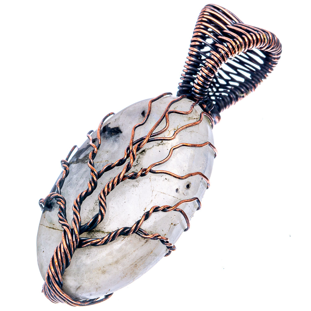 Rainbow Moonstone with Black Tourmaline Tree of Life Pendant 1 7/8" (Oxidized Copper)