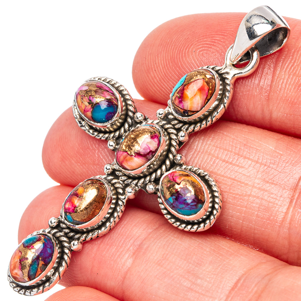 Spiny Oyster Turquoise Cross Pendant 2" (925 Sterling Silver) P43069