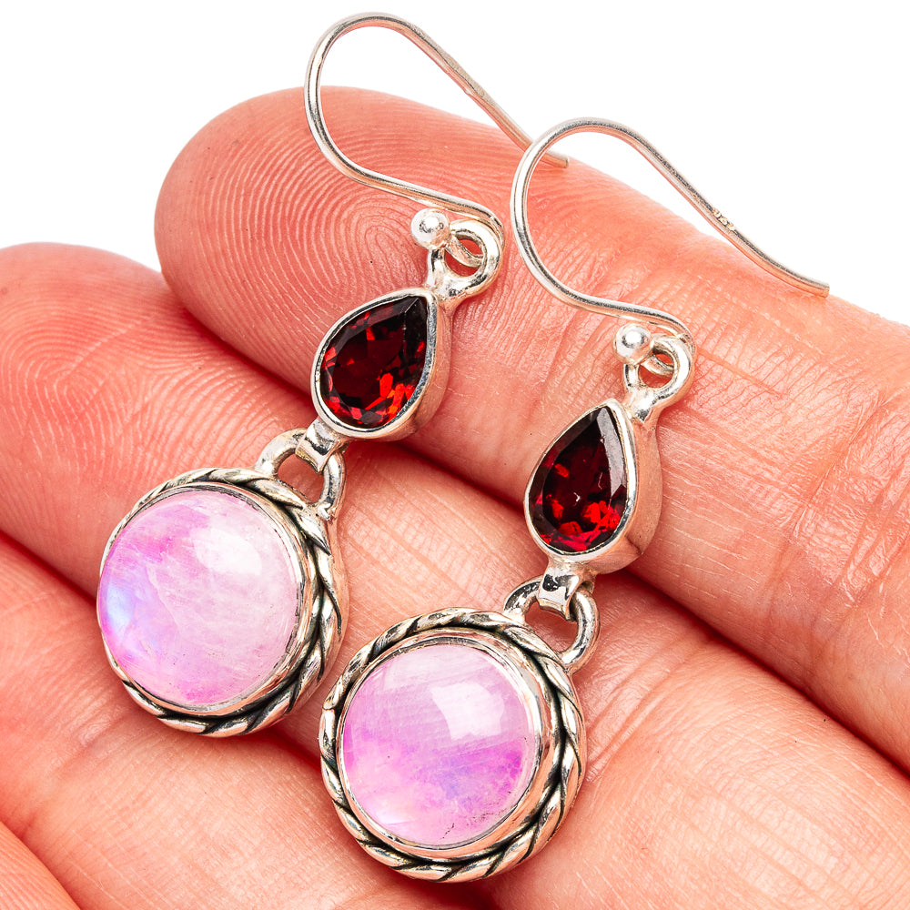 Pink Moonstone, Garnet 925 Sterling Silver Earrings 1 5/8" (925 Sterling Silver) E2098