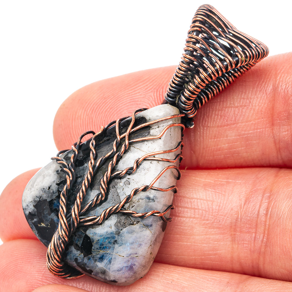 Rainbow Moonstone with Black Tourmaline Tree of Life Pendant 1 3/4" (Oxidized Copper)