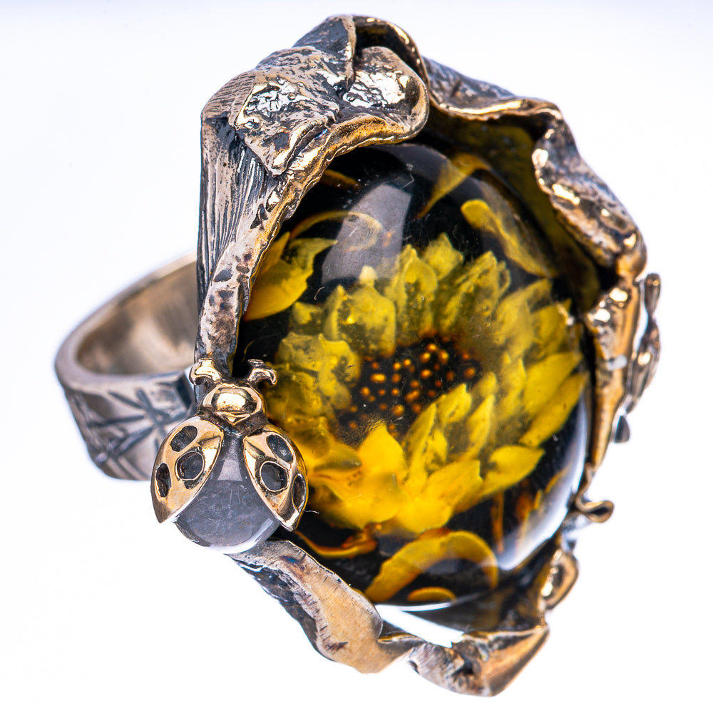 Amber Intaglio Sunflower Ladybug Ring Size 5 Adjustable (925 Sterling Silver) R3820