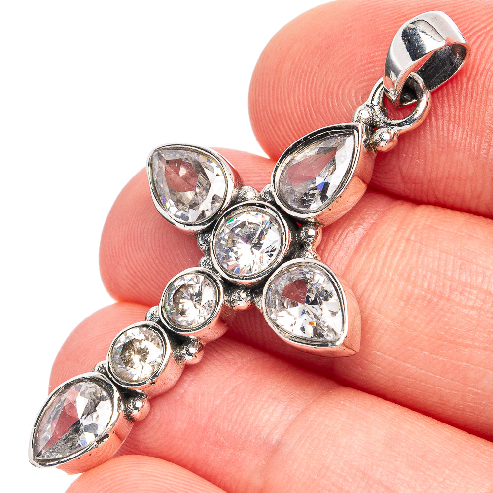 Dainty White Quartz Cross Pendant 1 3/4" (925 Sterling Silver) P45291