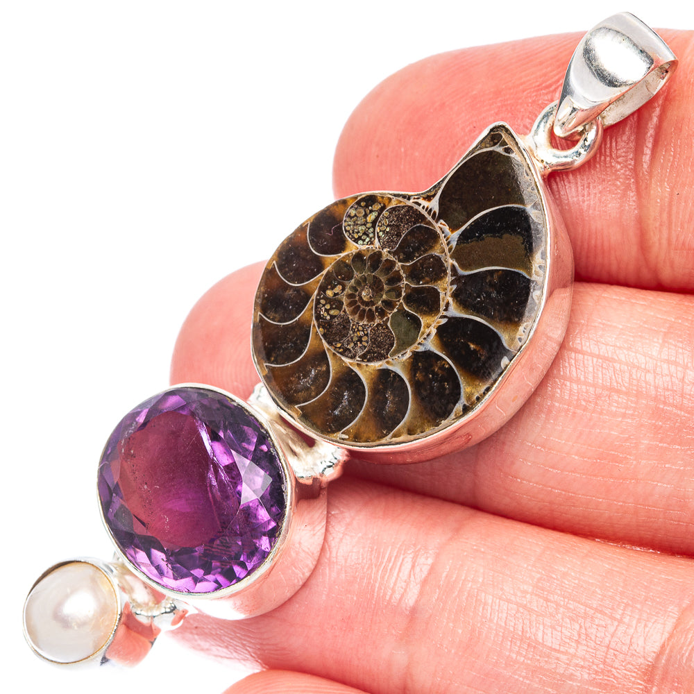 Ammonite Fossil, Amethyst, Pearl Pendant 2 1/8" (925 Sterling Silver) P44368