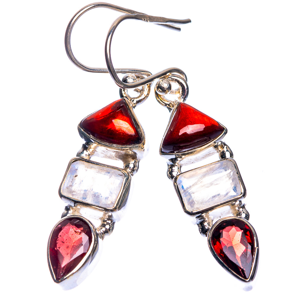 Rainbow Moonstone, Garnet Earrings 1 5/8" (925 Sterling Silver) E432672