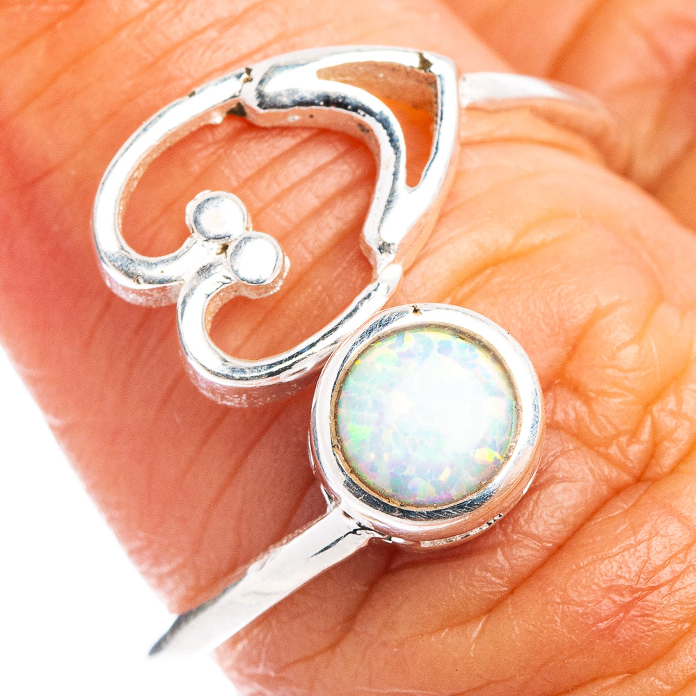 Lab Opal Heart Dainty Ring Size 7 Adjustable (.925 Sterling Silver)