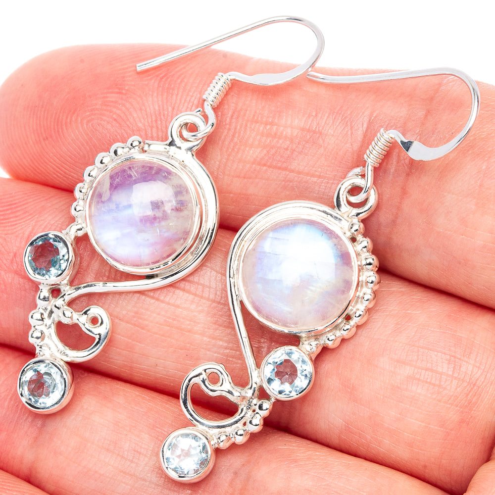 Premium Rainbow Moonstone, Blue Topaz Earrings 1 3/4" (925 Sterling Silver) E1183