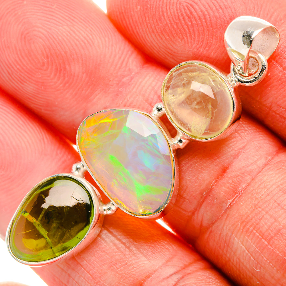 Ethiopian Opal, Green Tourmaline, Prehnite Pendant 2" (925 Sterling Silver) PD38083