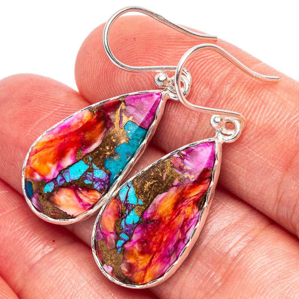 Kingman Pink Dahlia Turquoise Earrings 1 1/2" (925 Sterling Silver) E1786