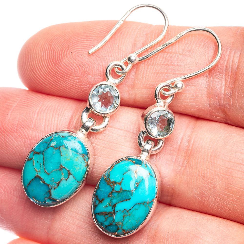 Blue Copper Composite Turquoise, Blue Topaz Earrings 1 5/8" (925 Sterling Silver) E432579