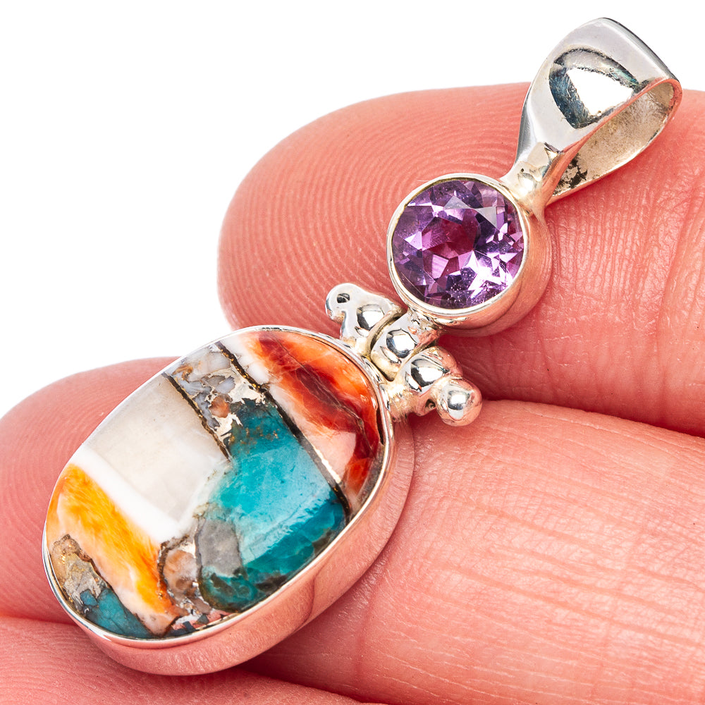 Spiny Oyster Turquoise, Amethyst Pendant 1 3/8" (925 Sterling Silver) P41057