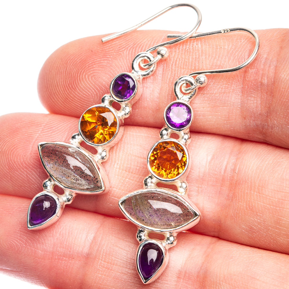 Labradorite, Citrine, Amethyst Earrings 1 3/4" (925 Sterling Silver) E432605