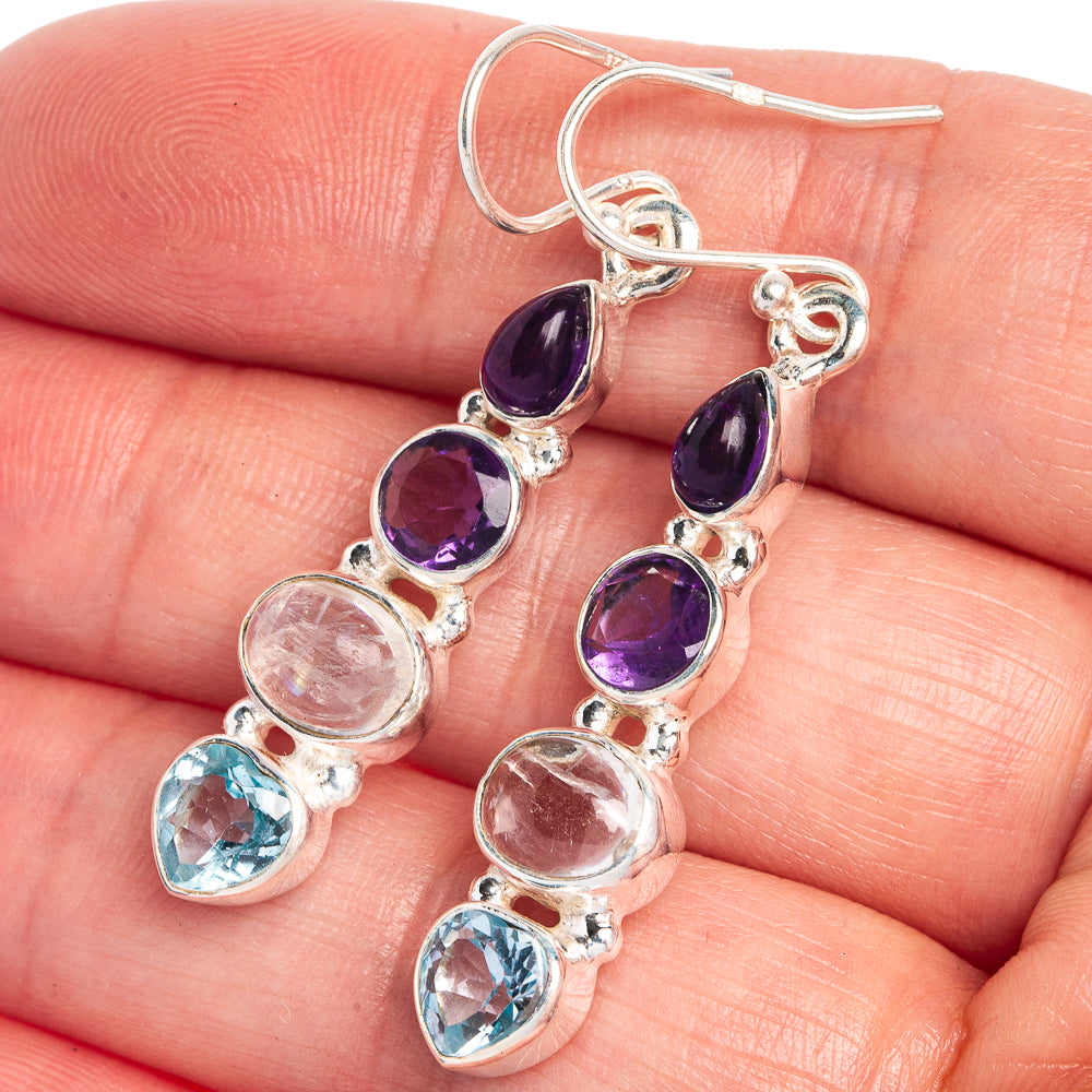 Rainbow Moonstone, Blue Topaz, Amethyst Earrings 1 3/4" (925 Sterling Silver) E433029