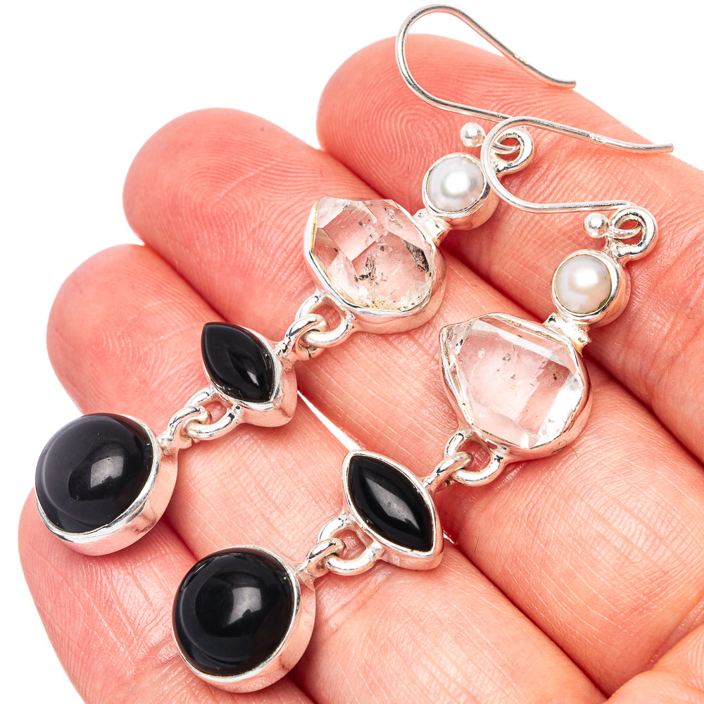 Black Onyx, Herkimer Diamond, Cultured Pearl Earrings 2 3/8" (925 Sterling Silver) E1590