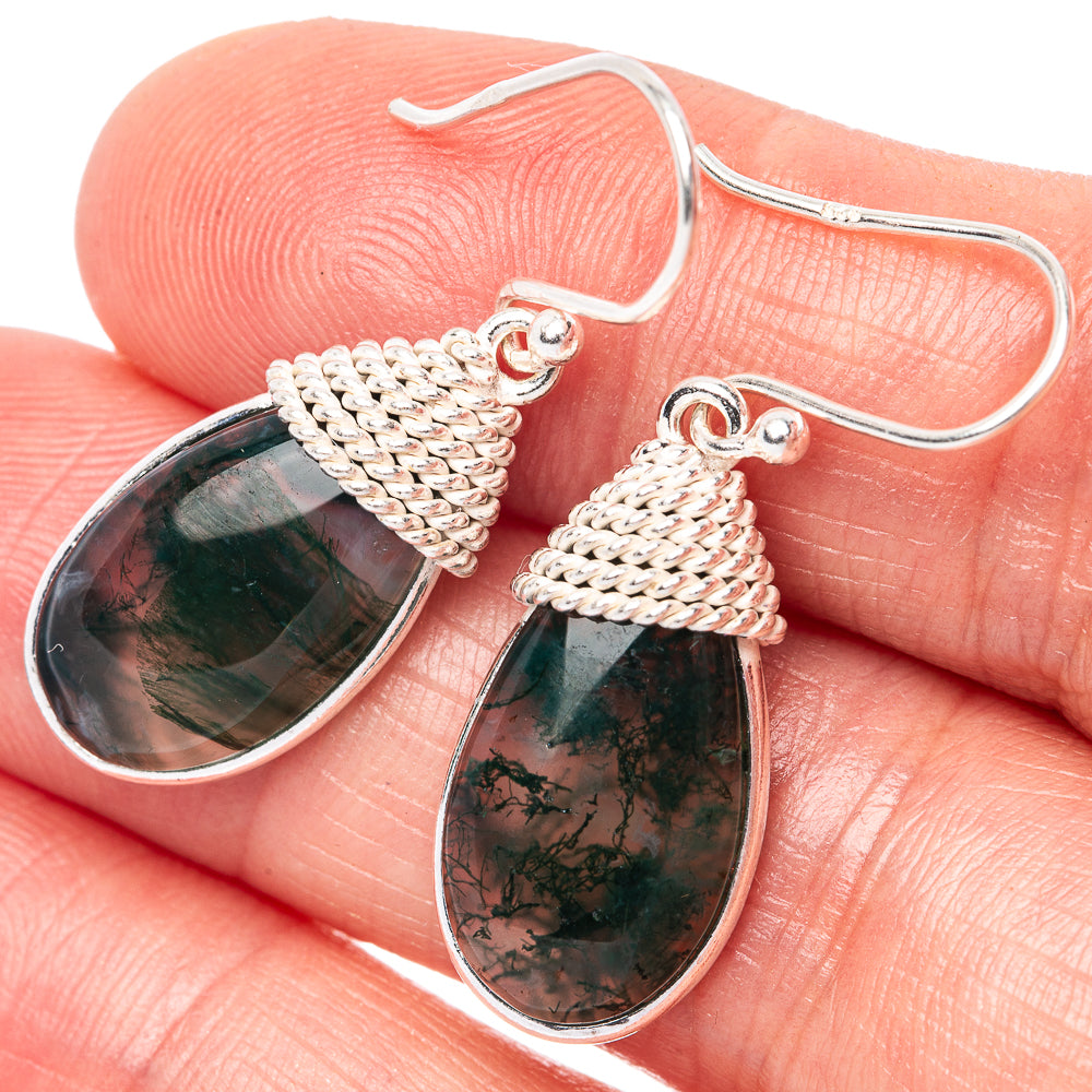 Green Moss Agate Earrings 1 3/8" (925 Sterling Silver) E1469