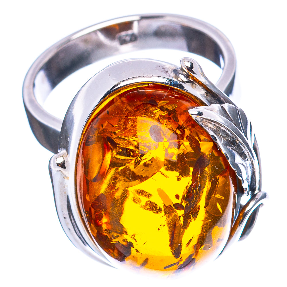 Baltic Amber Leaf Ring Size 6 Adjustable (.925 Sterling Silver)