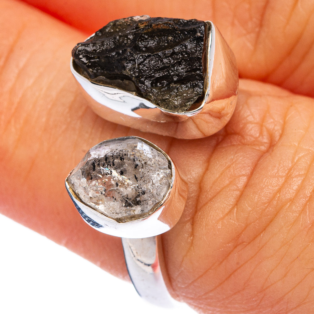 Rare Czech Moldavite, Herkimer Diamond Ring Size 6 Adjustable (925 Sterling Silver) R145602