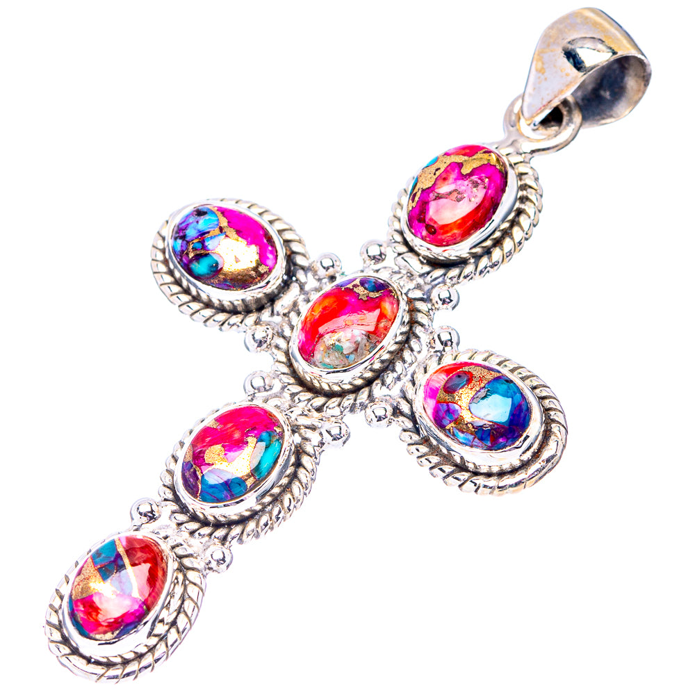 Pink Dahlia Mohave Turquoise Cross Pendant 2 1/8" (.925 Sterling Silver)