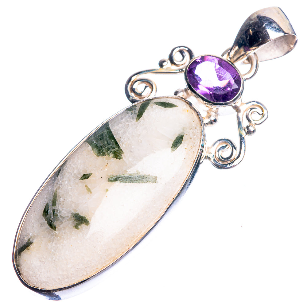 Green Tourmaline In Quartz, Amethyst 925 Sterling Silver Pendant 2 1/8"