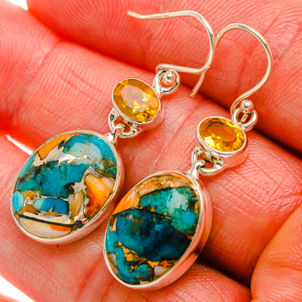Spiny Oyster Turquoise, Citrine Earrings 1 5/8" (925 Sterling Silver) EARR432004
