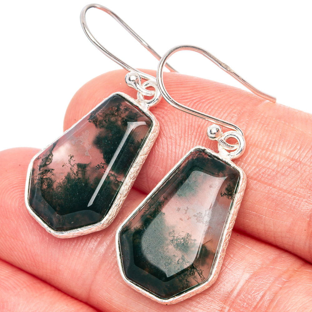 Green Moss Agate Earrings 1 3/8" (925 Sterling Silver) E1244