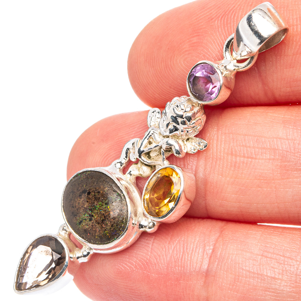 Rare Andamooka Opal Angel, Amethyst, Citrine, Smokey Quartz Pendant 2 1/8" (.925 Sterling Silver)