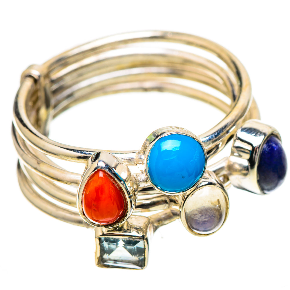 Sleeping Beauty Turquoise, Tanzanite, Blue Topaz, Red Coral, Rainbow Moonstone Ring Size 7.5 (925 Sterling Silver) RING137840