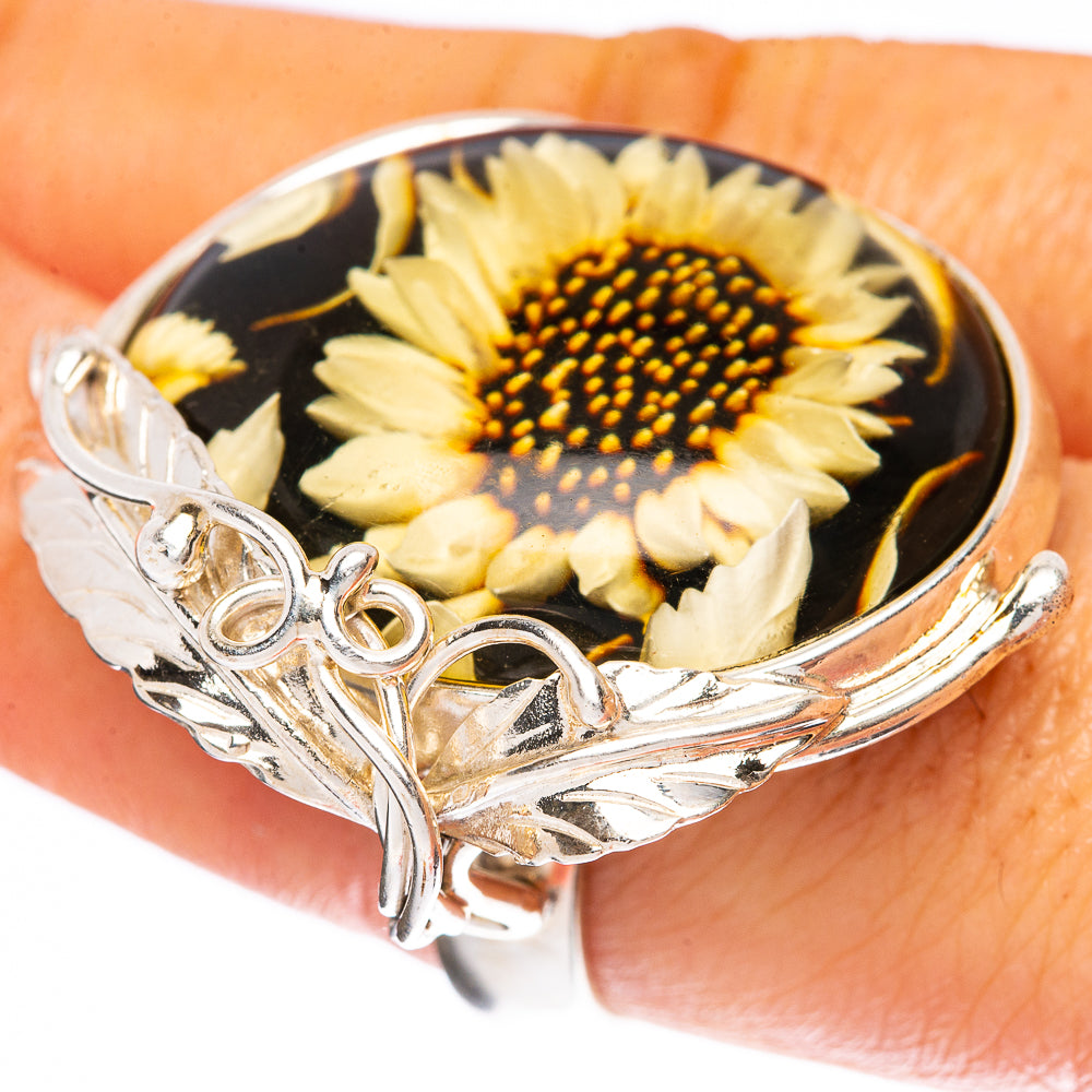 Amber Intaglio Sunflower Ring Size 8 Adjustable (925 Sterling Silver) R3823