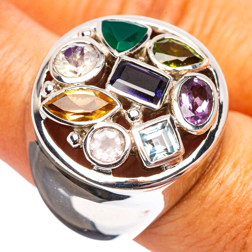 Premium Faceted Multi-Gem Tanzanite, Blue Topaz, Rose Quartz, Citrine, Rainbow Moonstone, Green Onyx, Peridot, Amethyst Ring Size 6.75 (.925 Sterling Silver)