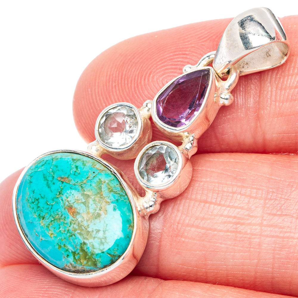 Rare Kingman Turquoise, Blue Topaz, Amethyst Pendant 1 1/2" (925 Sterling Silver) P41117