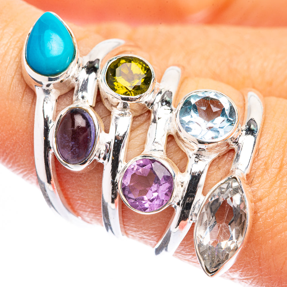 Sleeping Beauty Turquoise, Amethyst, Peridot, Blue Topaz, White Quartz Ring Size 8.25 (925 Sterling Silver) R142641