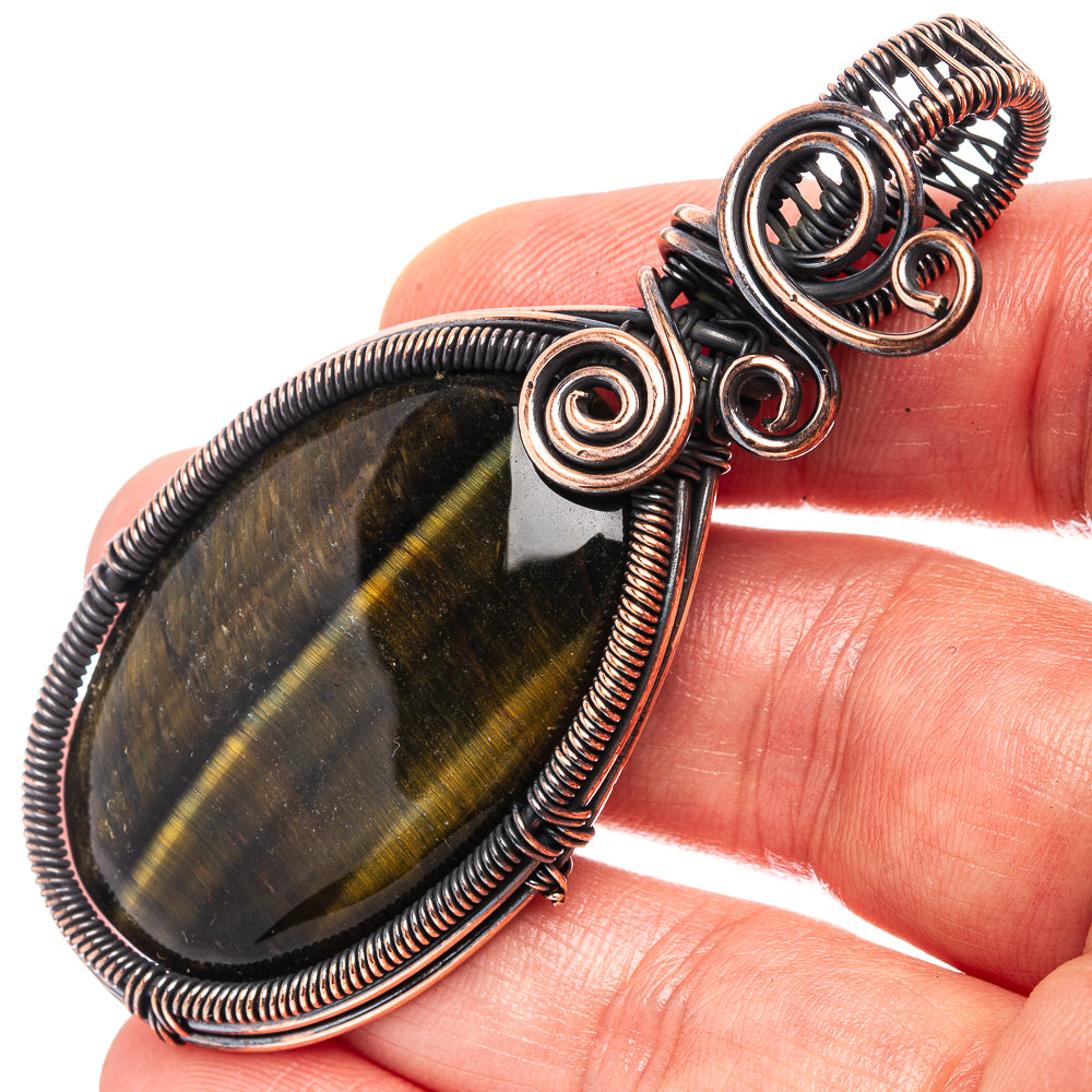 Tiger's Eye Wire Wrap Pendant 2 5/8" (Oxidized Copper)
