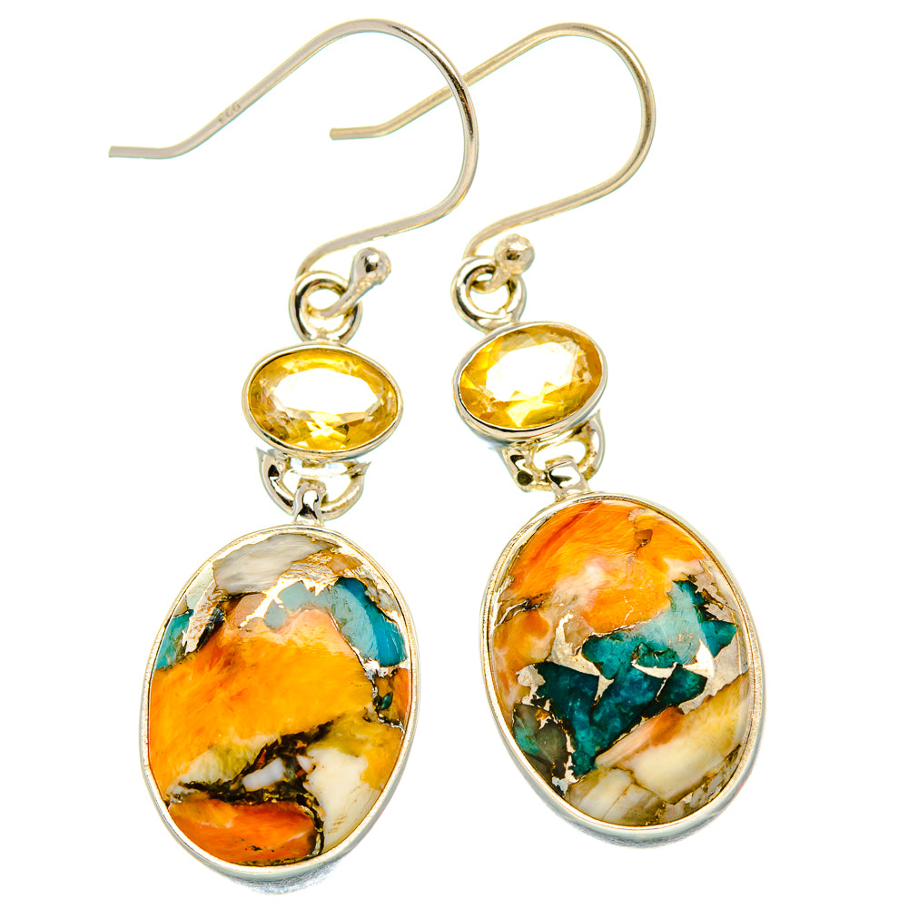 Spiny Oyster Turquoise, Citrine Earrings 1 3/4" (925 Sterling Silver) EARR432020