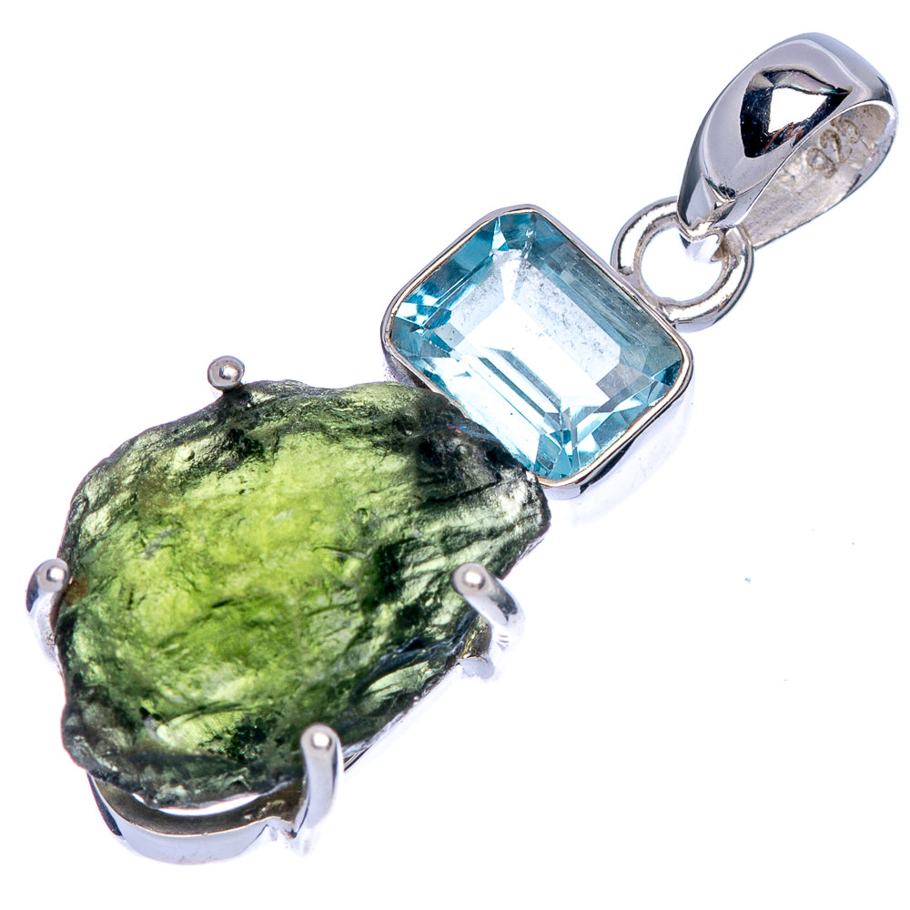 Rare Czech Moldavite, Blue Topaz Pendant 1 3/8" (925 Sterling Silver) P39941