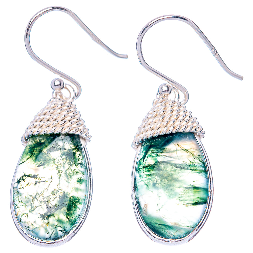 Green Moss Agate Earrings 1 3/8" (925 Sterling Silver) E1469