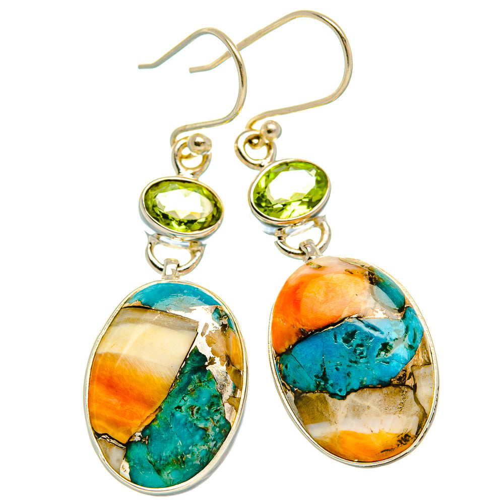 Spiny Oyster Turquoise, Peridot Earrings 1 3/4" (925 Sterling Silver) EARR432060
