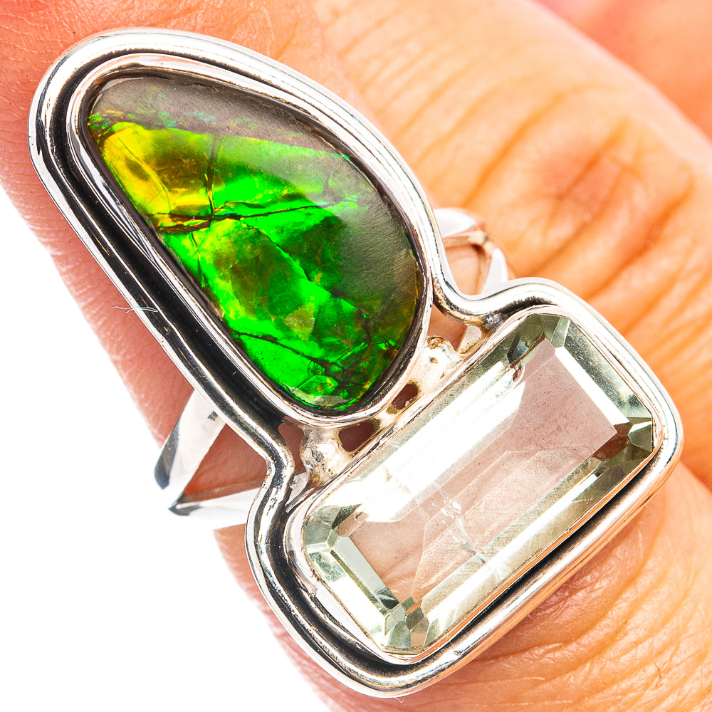 Premium Ammolite, Green Amethyst Ring Size 6 (.925 Sterling Silver)