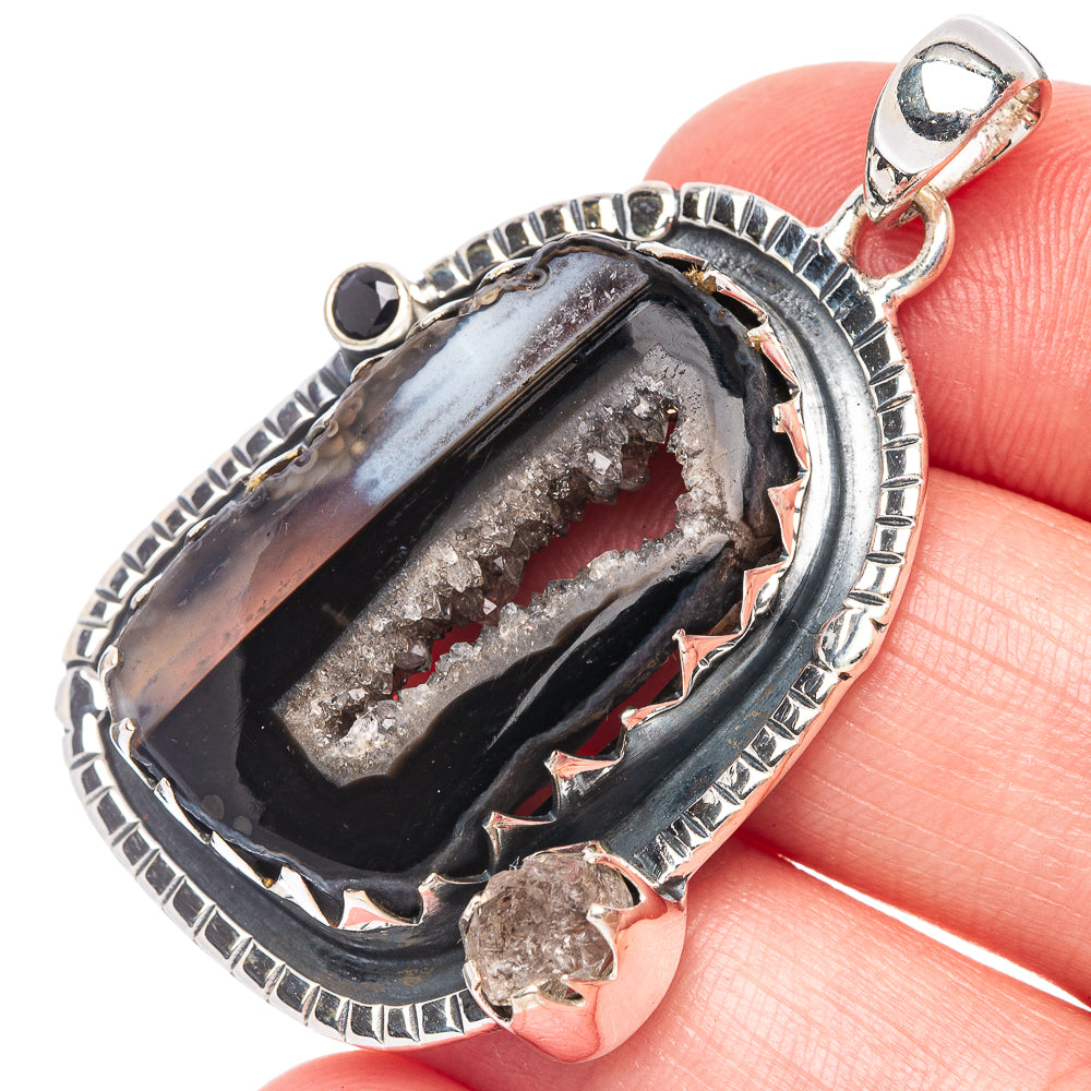 Coconut Geode Slice, Herkimer Diamond, Black Onyx Pendant 1 3/4" (925 Sterling Silver) P44329