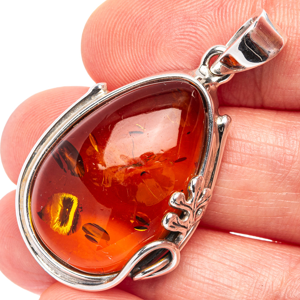 Baltic Amber Leaf Pendant 1 5/8" (.925 Sterling Silver)