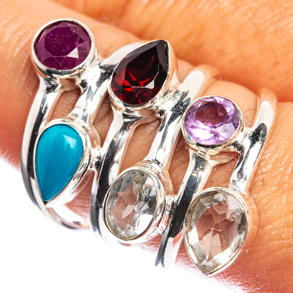 Large Ruby, Sleeping Beauty Turquoise, Garnet, White Quartz, Amethyst 925 Sterling Silver Ring Size 8.75