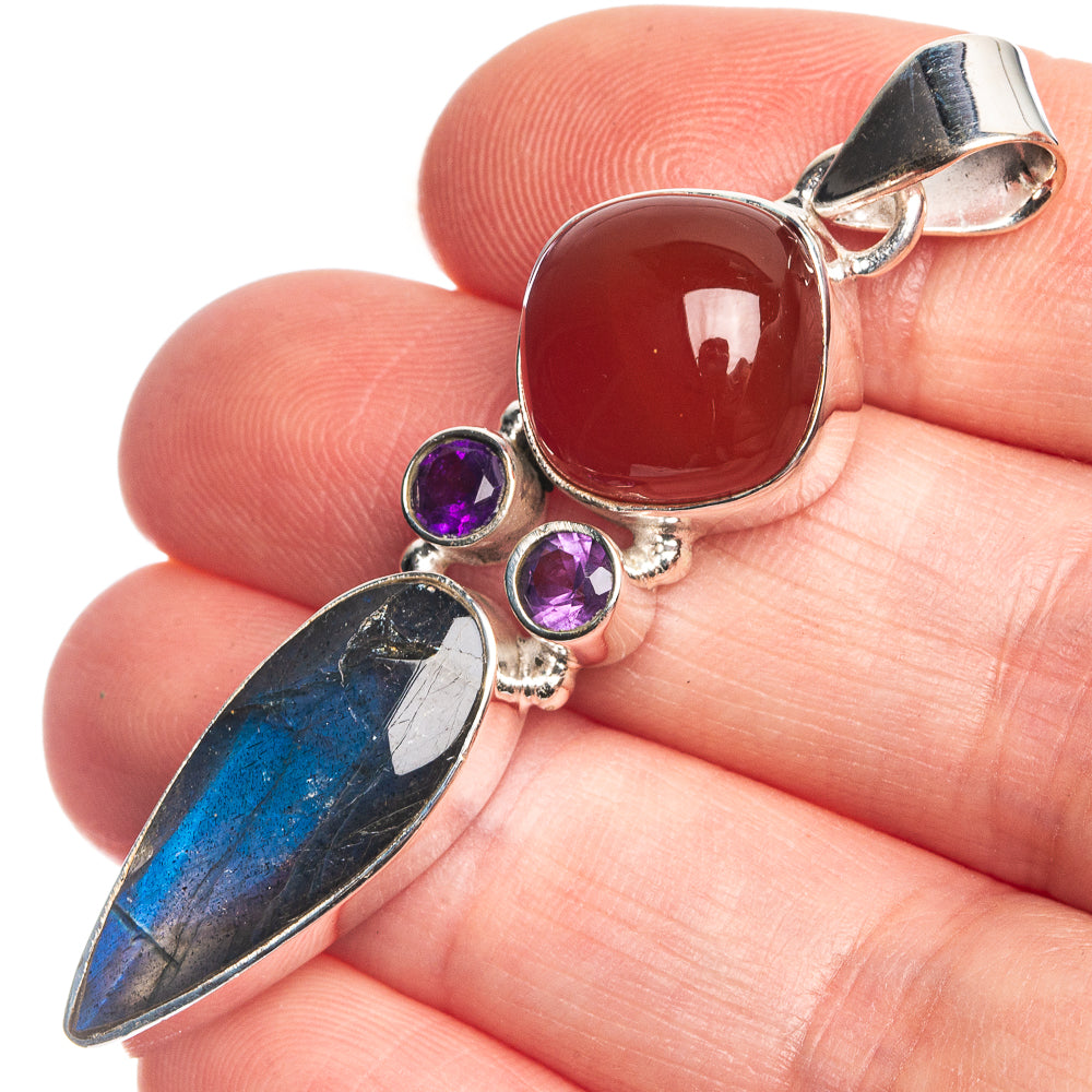 Labradorite, Red Onyx, Amethyst 925 Sterling Silver Pendant 2 1/8"