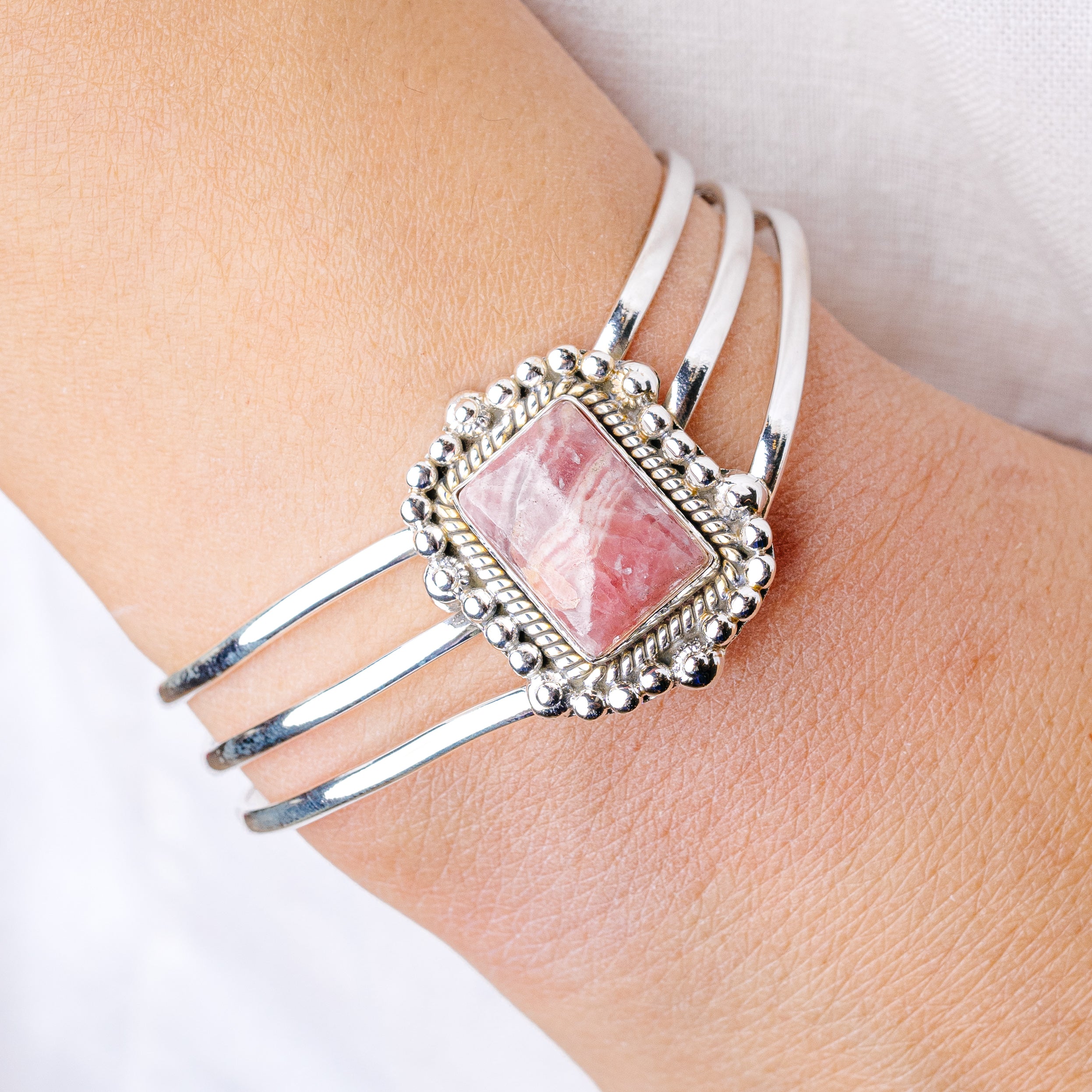 Rhodochrosite Cuff Bracelet Adjustable (925 Sterling Silver) B90429
