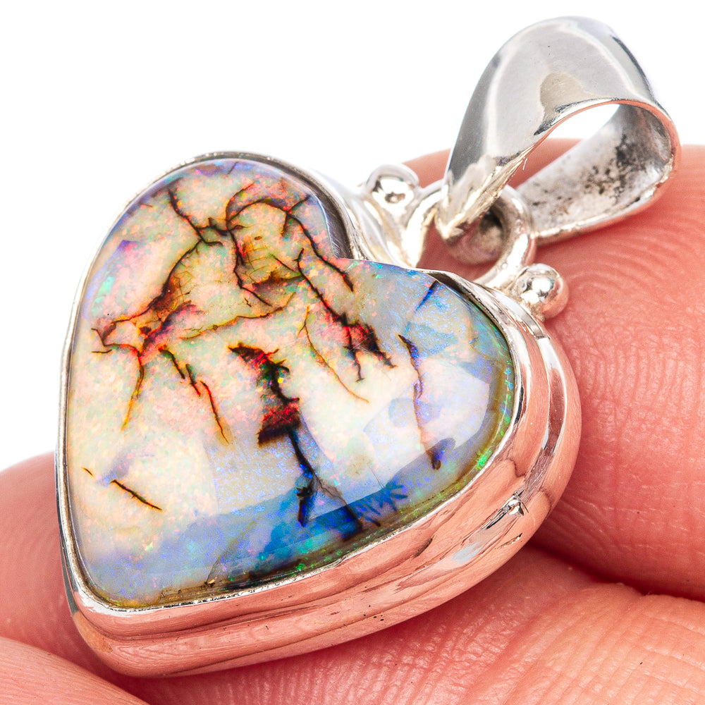 Rare Sterling Opal Heart Pendant 1 1/8" (925 Sterling Silver) P41729