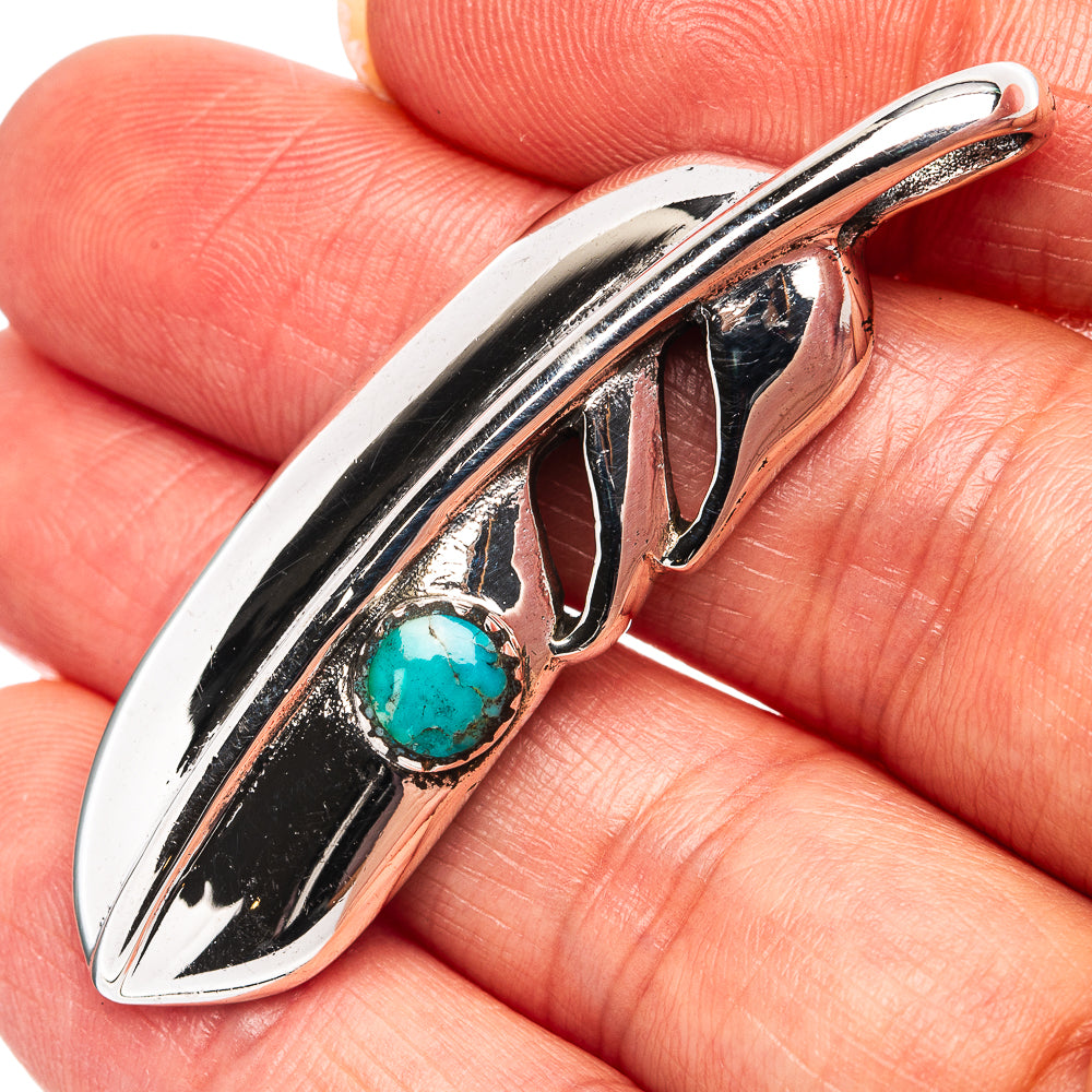 Native Style Mohave Turquoise Feather Pendant 2" (.925 Sterling Silver)