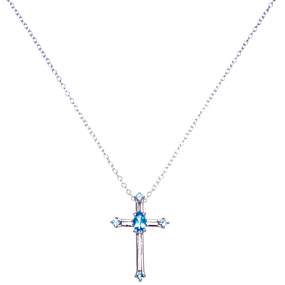 Blue Topaz Cross Necklace 18" (925 Sterling Silver) N90054