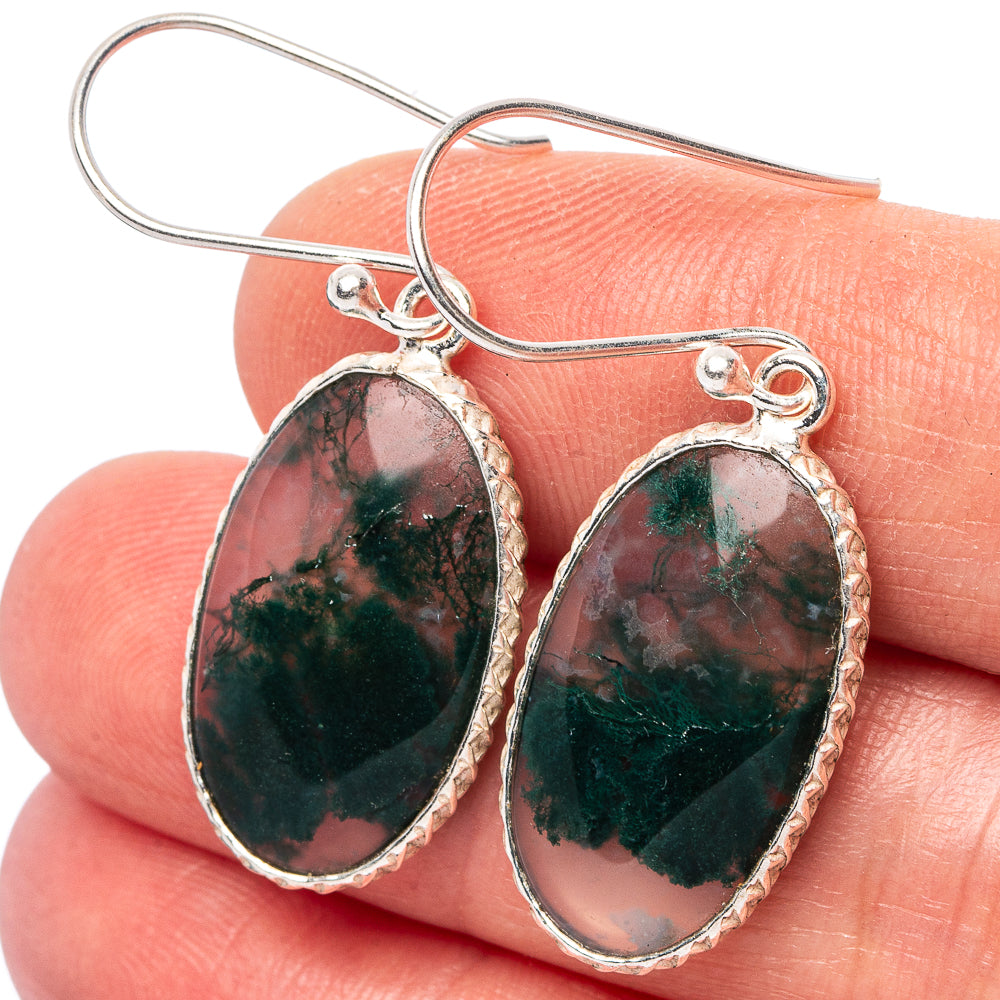 Green Moss Agate Earrings 1 5/8" (.925 Sterling Silver)