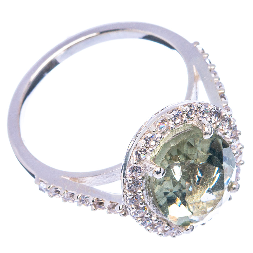 Faceted Green Amethyst, Cubic Zirconia Ring Size 7.25 (.925 Sterling Silver)