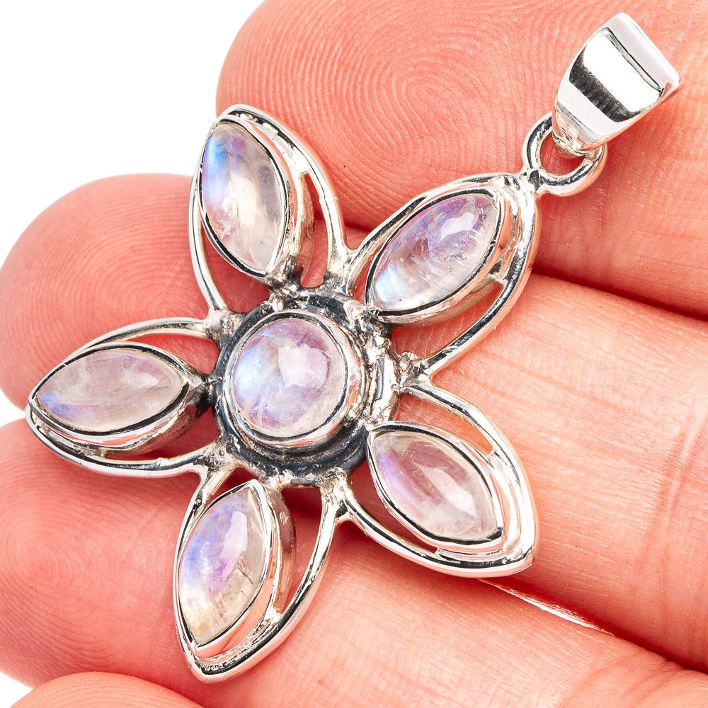 Rainbow Moonstone Flower 925 Sterling Silver Premium Pendants 1 5/8" (925 Sterling Silver) P43700