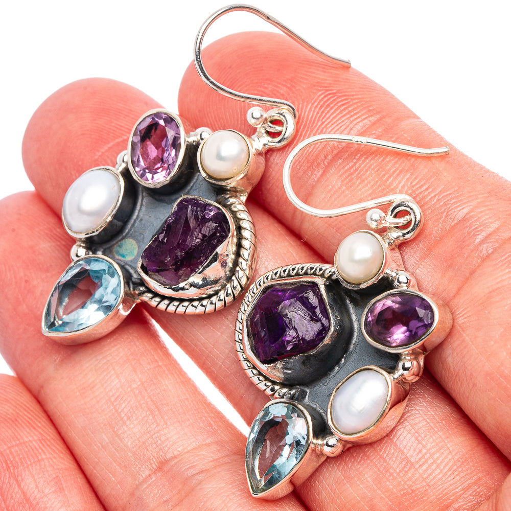 Premium Rough Amethyst, Blue Topaz, Cultured Pearl Earrings 1 5/8" (925 Sterling Silver) E1687