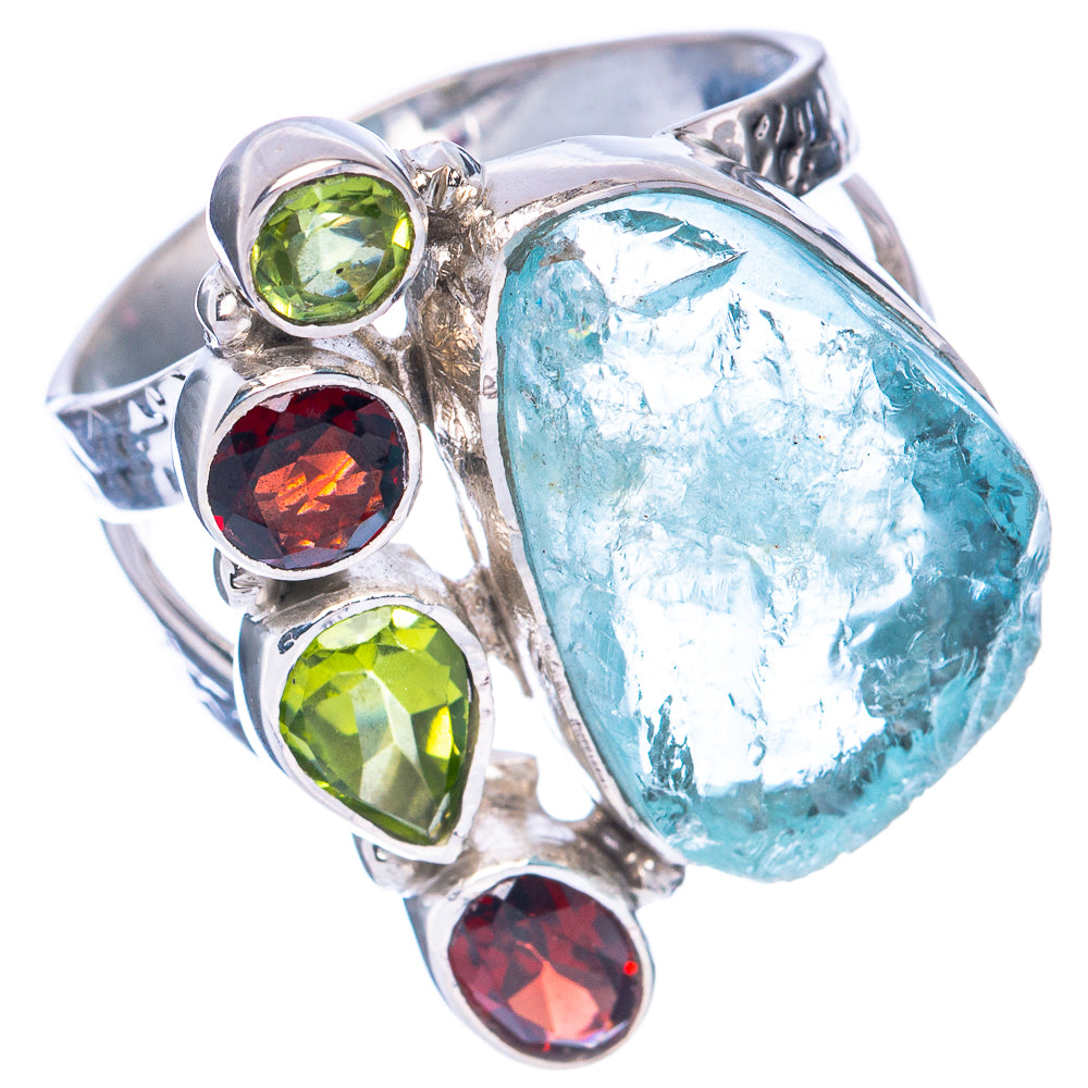 Premium Rough Aquamarine, Garnet, Peridot Ring Size 8.75 (925 Sterling Silver) R2592